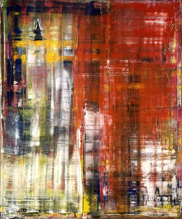 Abstrakt modern oil painting, inspired by Gerhard Richter, squeegee painting, red colour