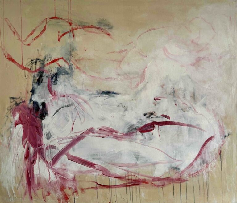 abstract modern painting, student of Markus Lüpertz, mixed media on canvas, colors pink and white